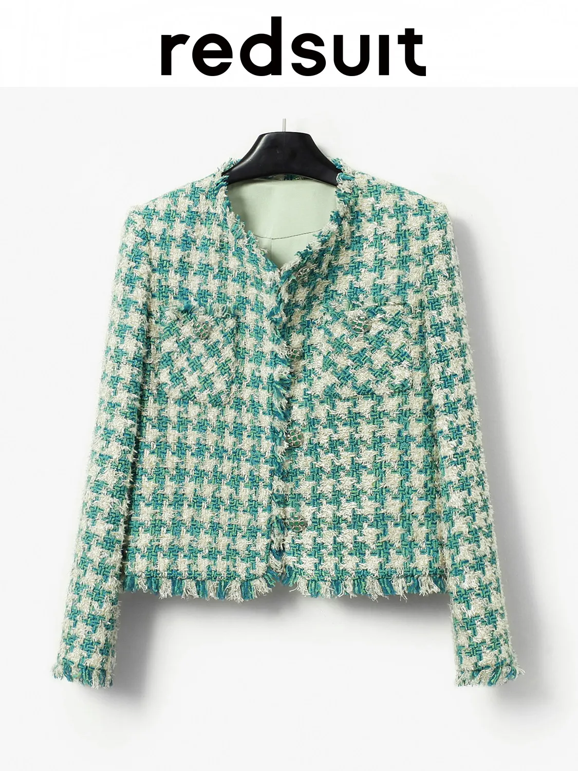 New Green houndstooth coarse woolen coat with noble tassel top Custom Sizes