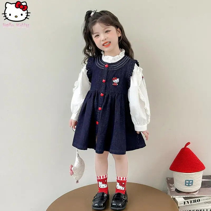 

Kawaii Hello Kitty Korean-Style Children's Clothing Autumn New Arrival White Shirt Set for Girls Fashion Dress Birthday Gifts