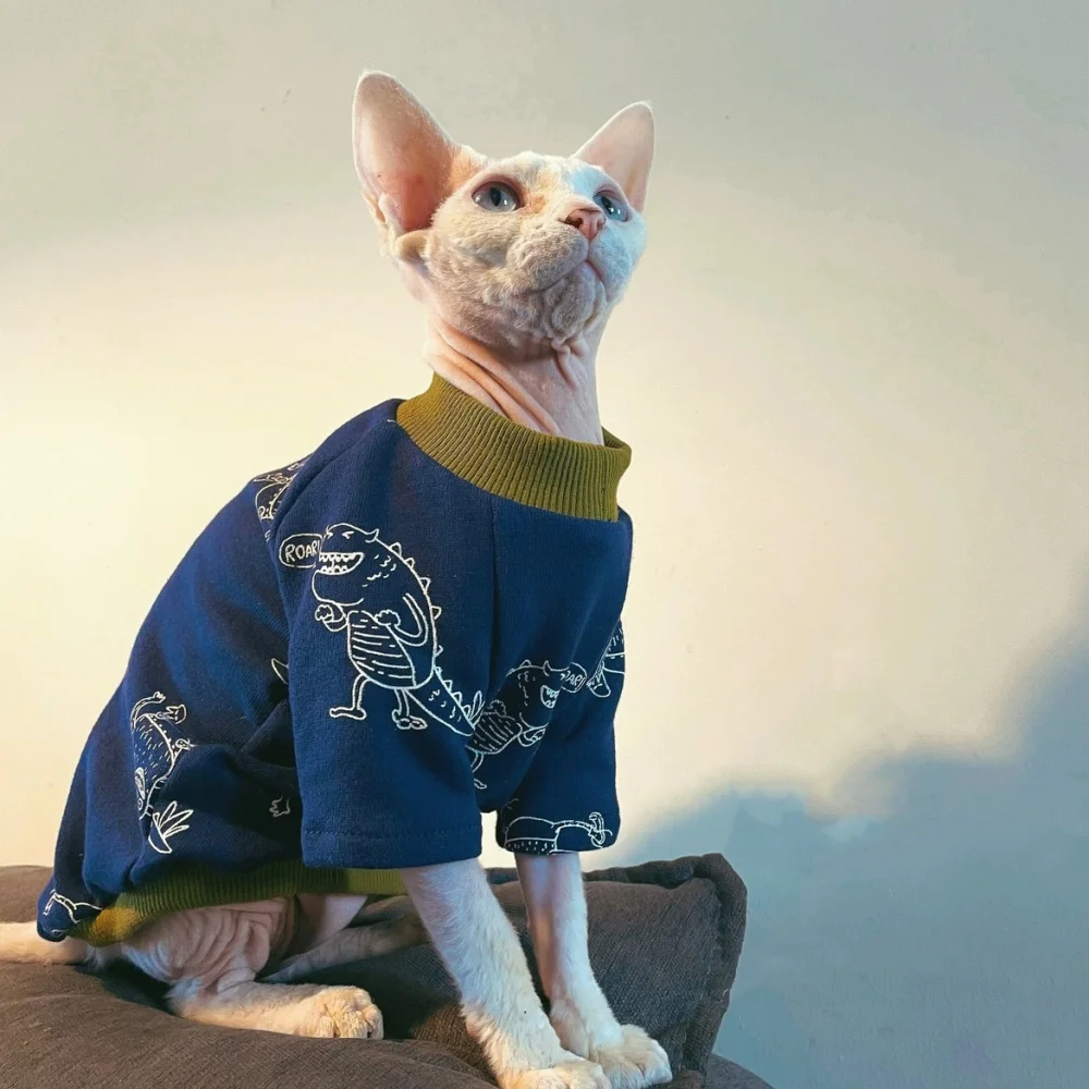 Cat Clothing Dark Blue Cotton T-Shirt for Male Cat Long Sleeves Dinosaur Coat for Sphynx Cat Soft Pajamas for Kittens in Spring