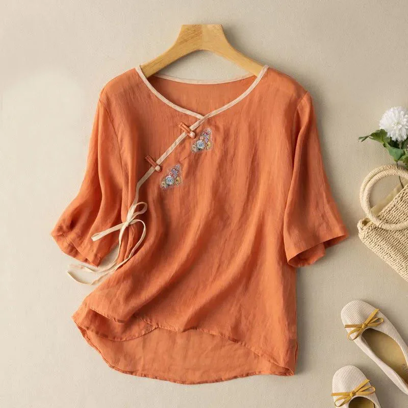 

National Style Buckle Embroidered Short Sleeve Cotton Linen Top Women Female 2022 Summer New Chinese style Loose Shirt Girl