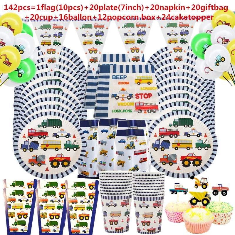 10 20people use Cartoon Cars Fire Truck Theme Birthday Kids Party Supplies Disposable Tableware Banner Paper Plate Cup hat set