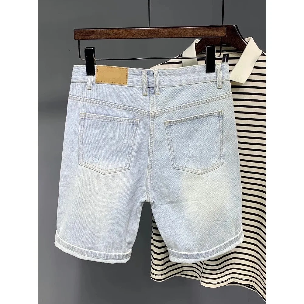 Men's Hole Distressed Denim Shorts For Summer Ripped Loose Five Points Mid-length Jeans Shorts view 4