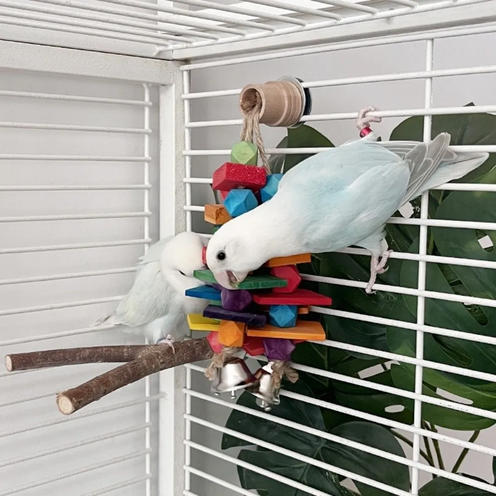 

Wooden Bird Multi Colored Parrot Chew Bite Resistant Blocks Rainbow Bite String Hanging with Bells Bird Climbing Training