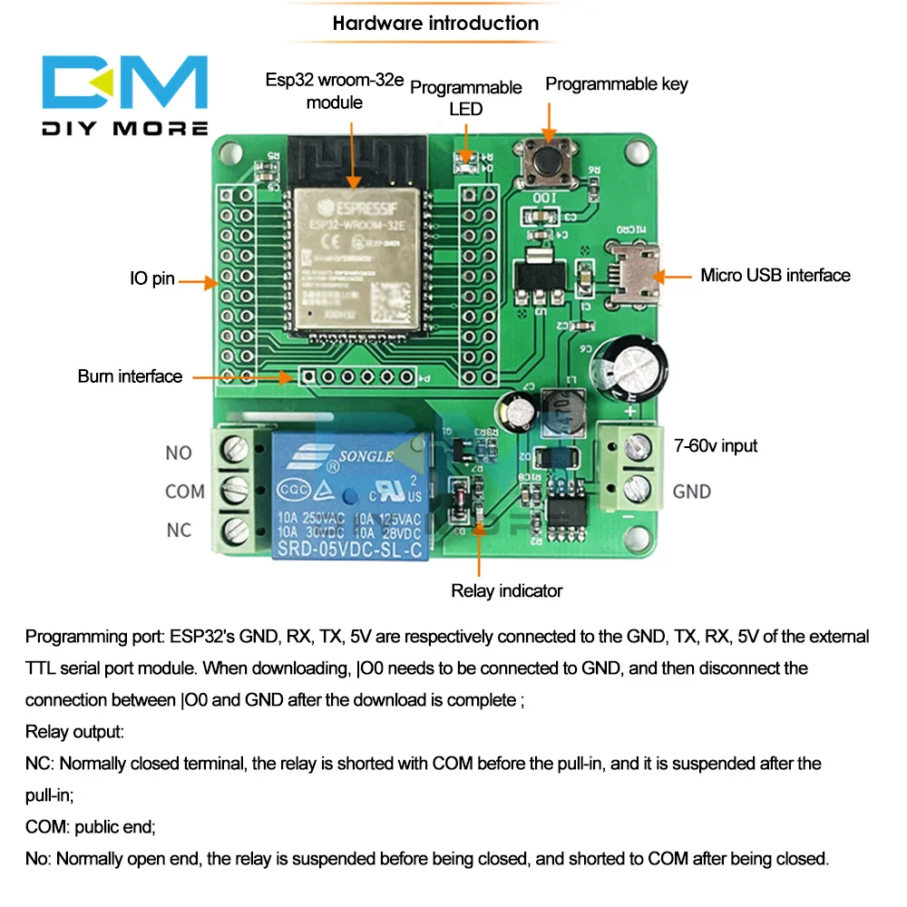 ESP32-WROOM-32E Development Board 1 Channel Relay Module DC 7-60V Micro USB 5V Output Switch Signal 4M Byte Flash