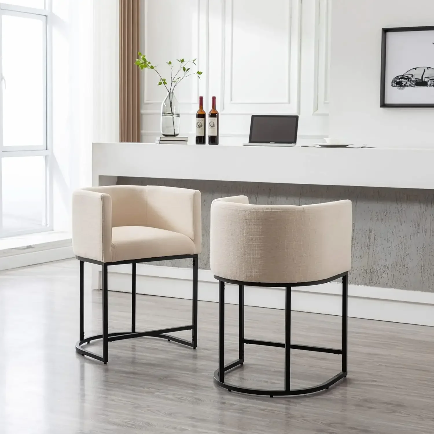 Modern Counter-Tabouret Kitchen Island avec cadre tubulaire noir, tissu de lin recommandé, ensembles de 3 ou 24 pouces