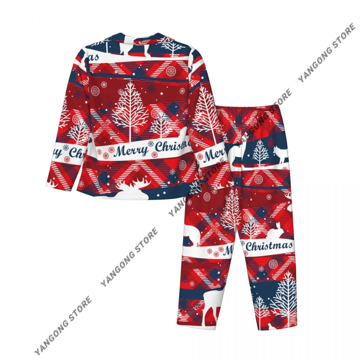 عيد ميلاد سعيد سنة جديدة سعيدة نمط المرأة منامة المتسكعون قطعتين ملابس خاصة زر أسفل كم كامل طويل منامة مجموعة #4