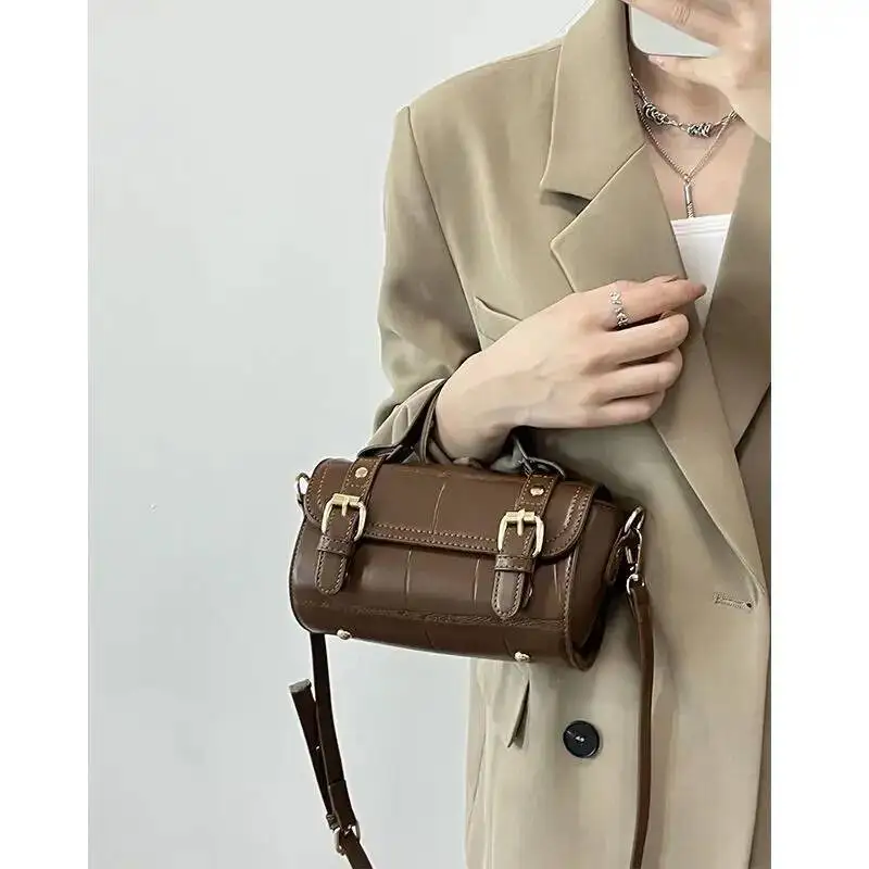 Bloom Vintage Brown Messenger Women Autumn Retro Leather Chic Handle Mini Bag Female Elegance Casual Crossbody Bags Purse
