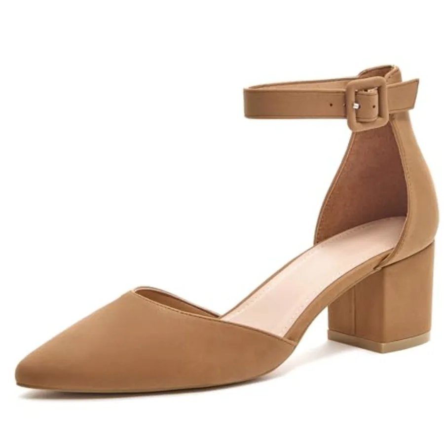 

LAICIGO Women's Pointed Toe Pumps Ankle Strap Buckle Chunky Block Heel Dress D'Orsay Shoes