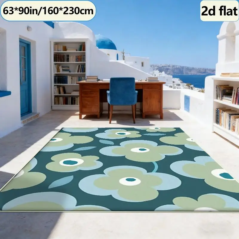 Vintage Green Blue Floral Print Carpet Floor Decor Mat Boho Style Non-Slip Carpet Decorative Floor Mat for Bedroom Apartment