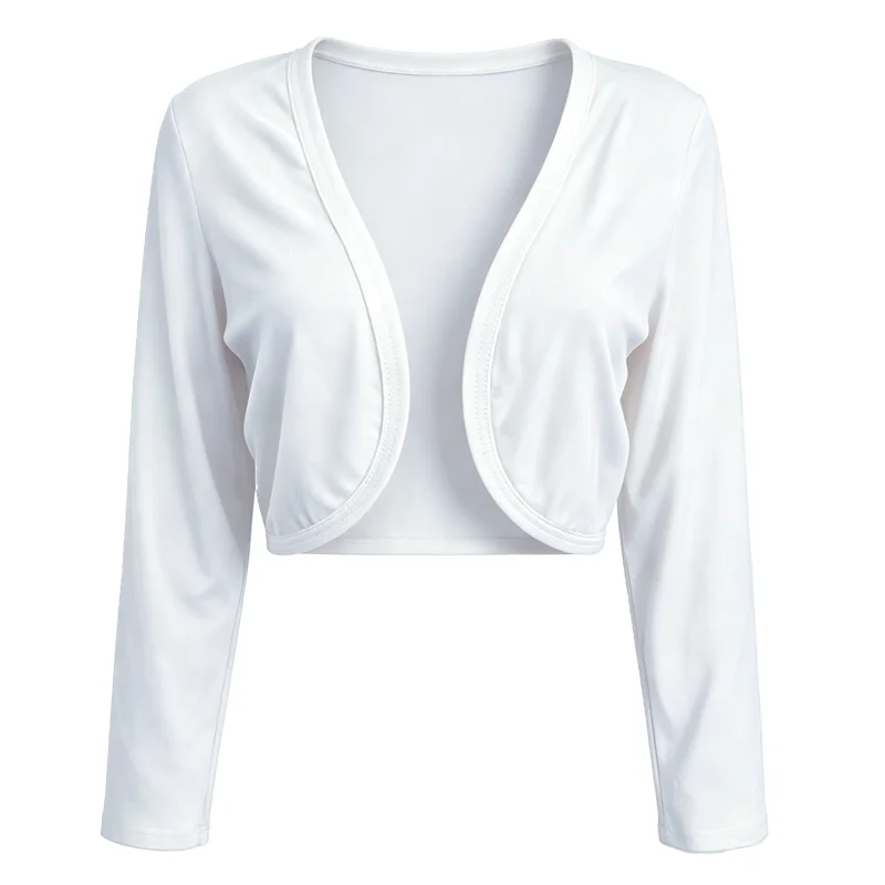 Damen-Bolero mit langen Ärmeln und offenem Vorderteil, kurze Strickjacke, leichte Strickbluse, kurze Jacke, weiches Oberteil, dehnbares Oberbekleidungsstück. – Detail 7