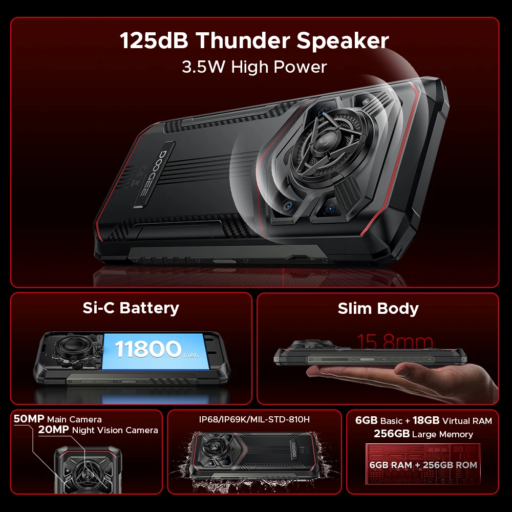 الإصدار العالمي DOOGEE Blade20 Pro هاتف متين 6GB 256GB 6.6 ''عرض 11800mAh بطارية 125dB مكبر صوت 50MP كاميرا NFC أندرويد 15