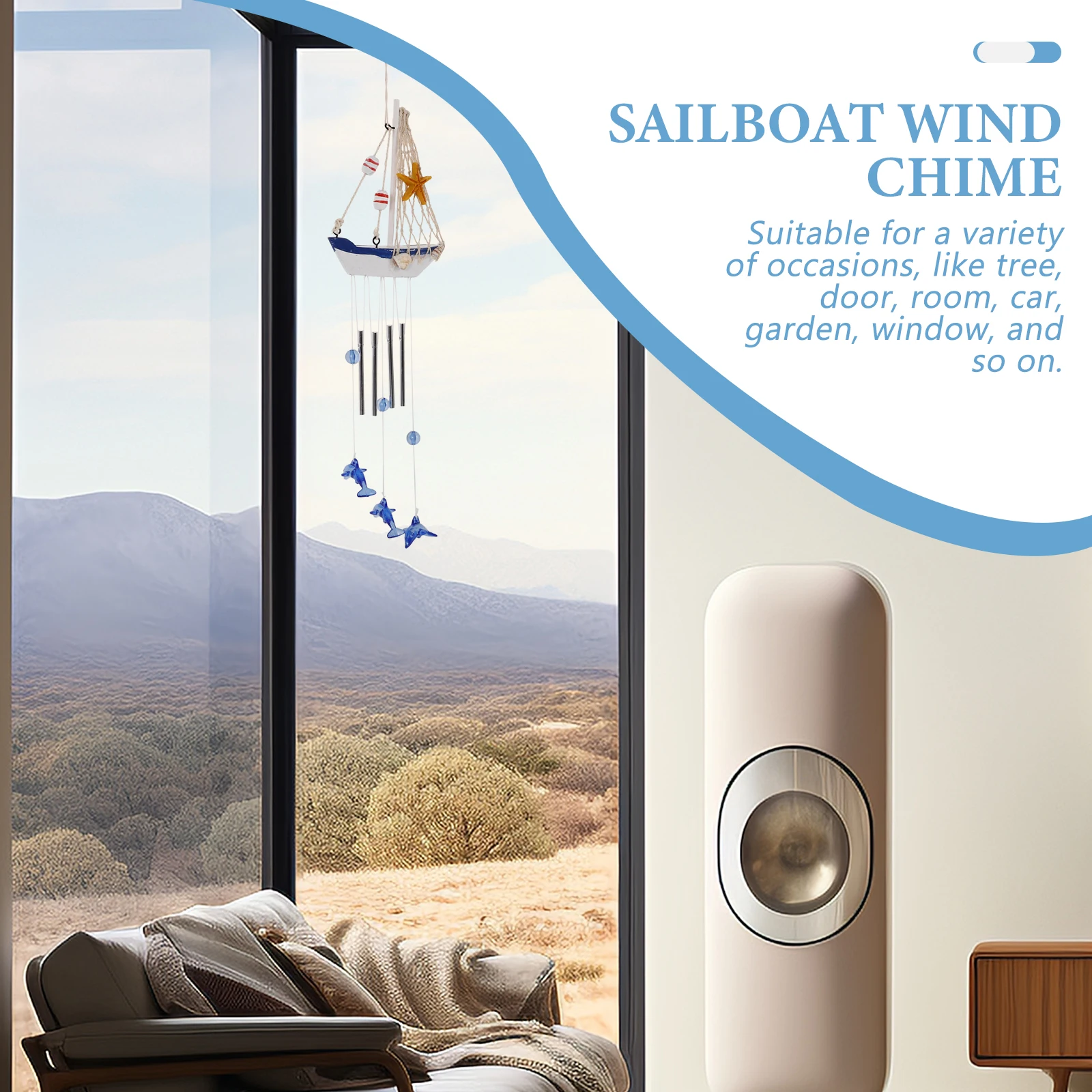 

Creative Dolphin Wind Chime Coastal Sailboat Decorative Hanging Wind Bell for Home Office Car Garden Seashell Design Resin
