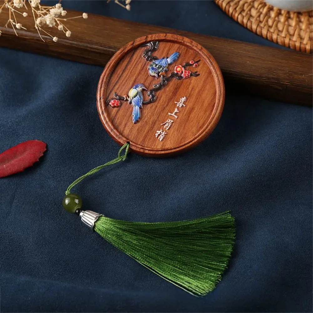 Tragbarer Handspiegel im chinesischen Stil, Elsterfisch, Kosmetikspiegel aus Holz, runder Blumenprägung, Taschen-Make-up-Spiegel, Urlaub