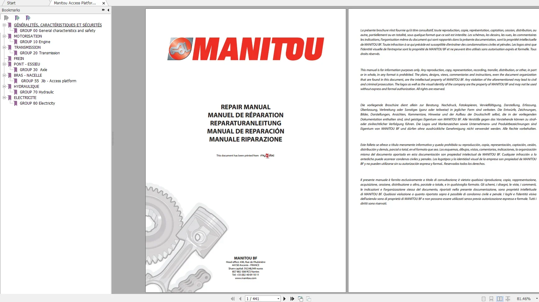 Manitou Telehandler MLT 14.1 GB Repair Manual, Operator Manuals, Part Manual Update 2021