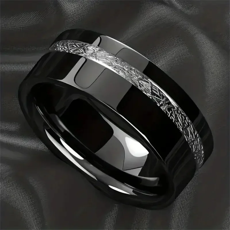 Fashion 8Mm Black Stainless Steel Ring for Men Vintage Silver Color Meteorites Inlaid Promised Ring Men Wedding Band Jewelry Gif