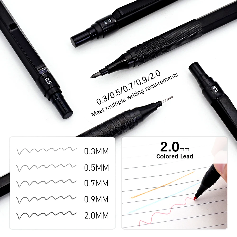 0,5/0,7/0,9/2,0mm Metall-Druckbleistift-Set mit Ersatzminen, Mechanischer Bleistift für Skizzen, Schule und Schreibwaren – Detail 3