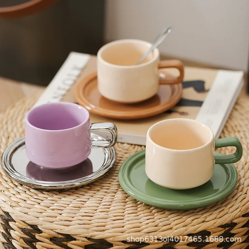 Ins Stylish Contrast Color Ceramic Coffee Cup Saucer Set Korean Latte Mug Exquisite Afternoon Tea Household Desktop Tableware