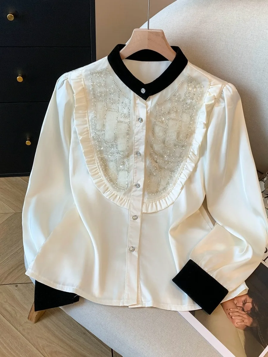 Ele Paillettes Embellished Satin irt Donna Autunno Faion Pendolarismo Sle Coreano Loose Fit Lungo Sve Casual irt