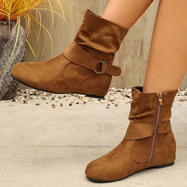 Damen-Stiefeletten mit runder Zehenpartie, verstellbarem Schnallenriemen, seitlichem Reißverschluss, flacher, rutschfester Sohle, lässiges Alltagsschuhwerk für Herbst und Winter – Detail 7