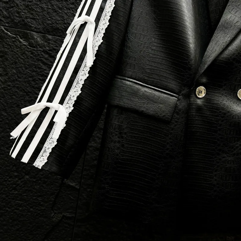 WVGA Spring Autumn New Men's Unique Design Lace Bow Striped Blazer Stylish Embossed Glossy Shoulder Pads Niche Jacket Ins W27186