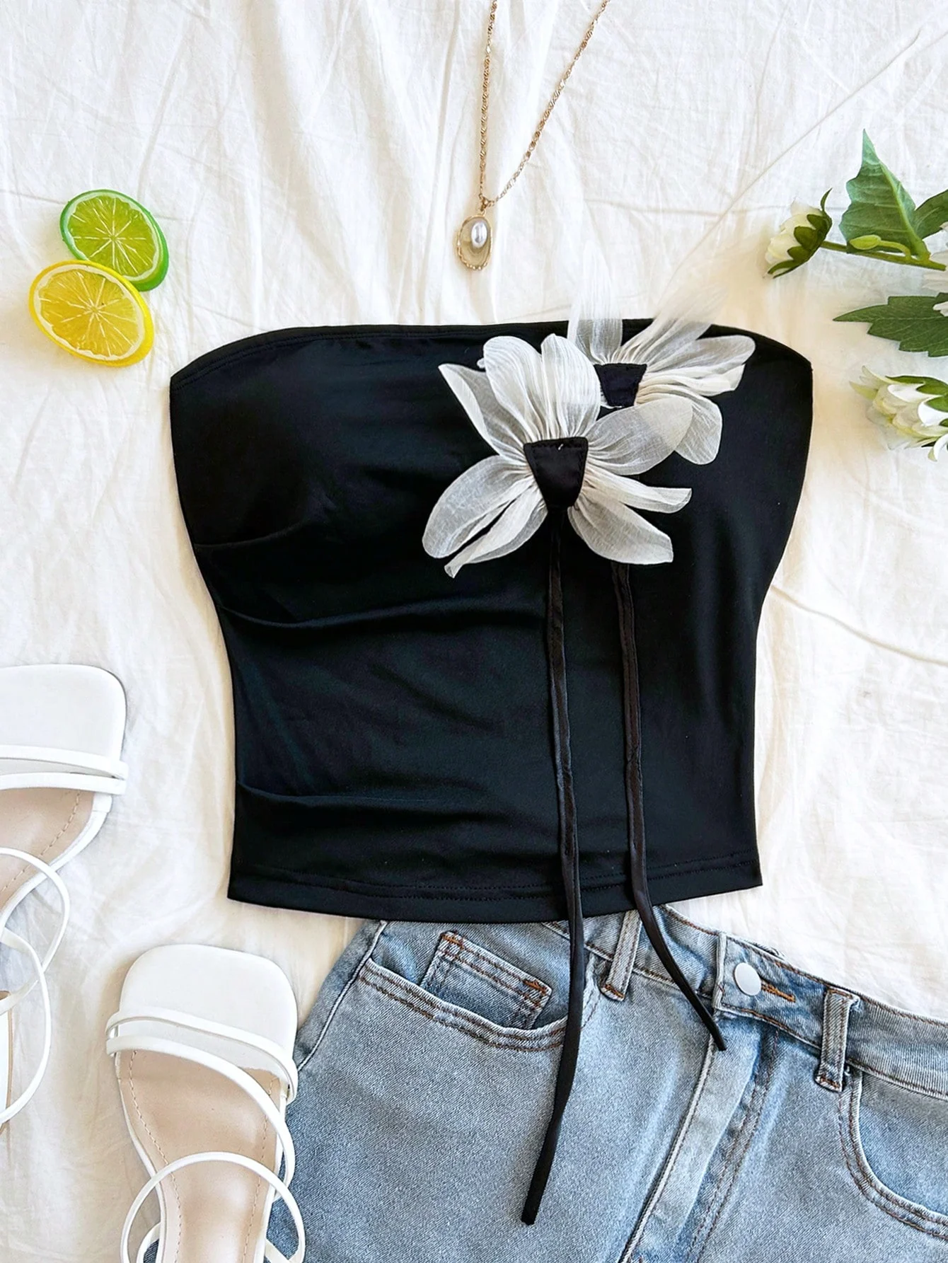 عطلة الربيع والصيف بدون حمالات الخصر الجانبي مطوي ثلاثي الأبعاد لتحديد المواقع الأزهار التخسيس المرأة #3