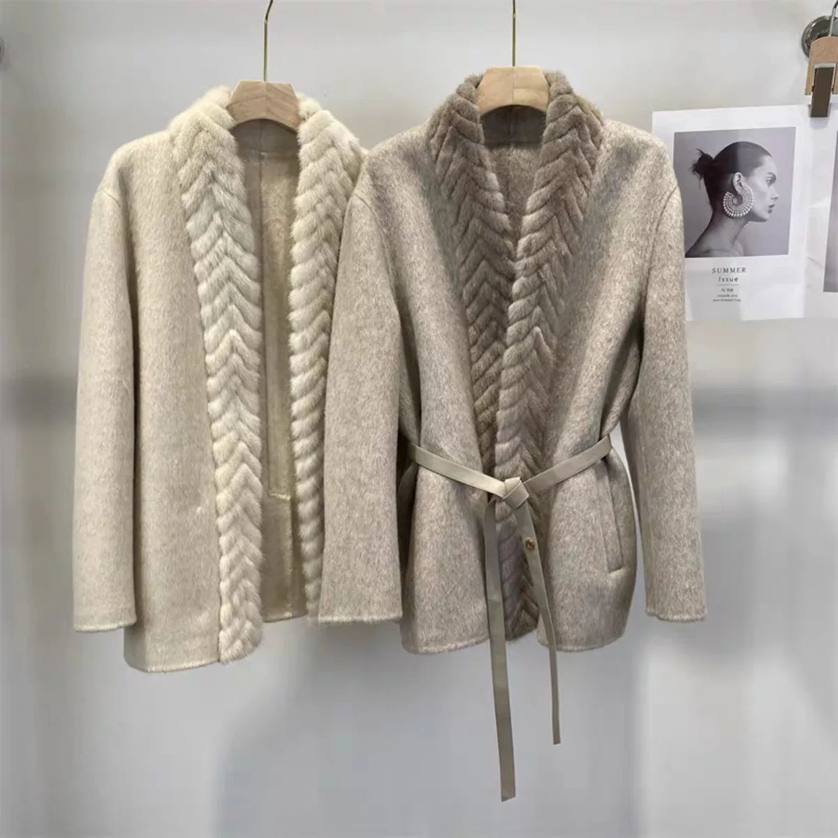 PUAL 2025 New Women’s Double Face Cashmere Coat Fall Winter Luxury Coat Mink Fur Collar Genuine Leather Belt Long Short Trench