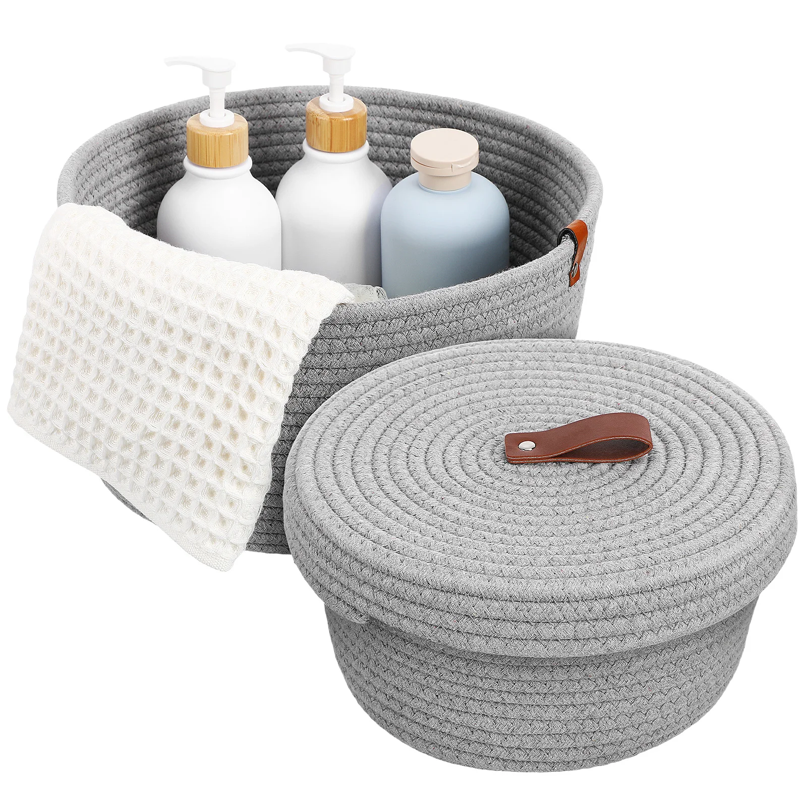 

2Pcs Cotton Rope Storage Basket Neutral Color Woven Organizer Lid for Home Office Nursery Laundry Storage Bins
