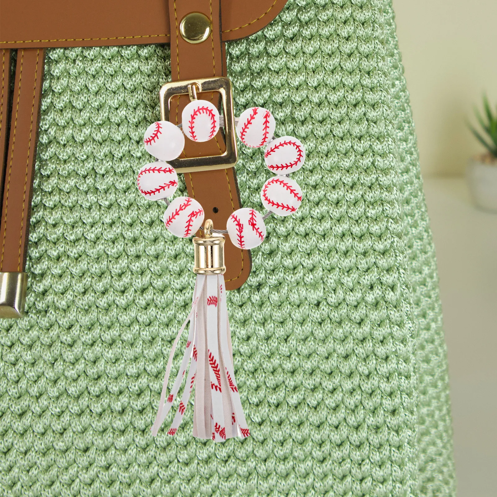 

Baseball Beaded Keychain Wooden Sports Design Couple Bracelet For Bag Car Keys Holder Gift Team Sport Decor