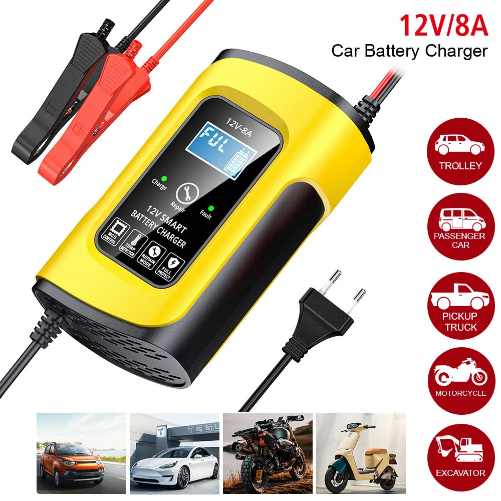 12V/8A For Motorcycle SUV Truck High Power Smart Car Battery Charger Multifunctional Pulse Repair Battery Charging Intelligent