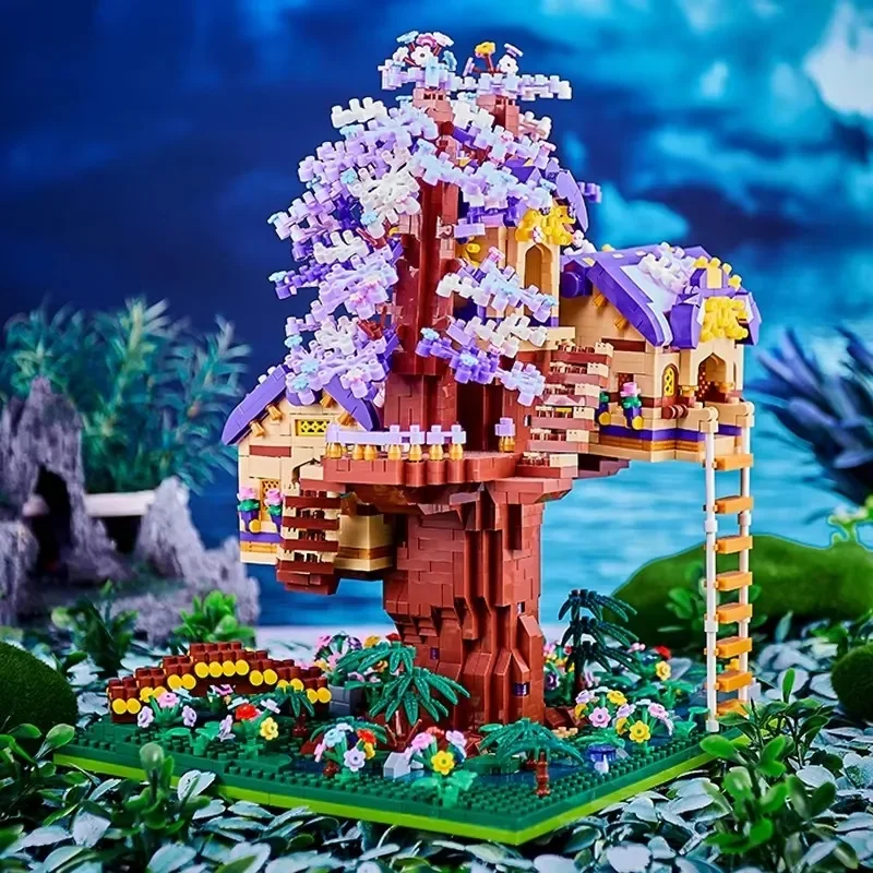 Lila Blume Baum Haus Gebäude Mikropartikel Baustein Klassisches Modell Mädchen Junge Schwierige Montage Miniatur Blöcke Spielzeug K
