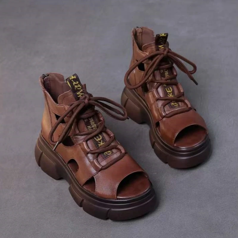 2024 bocca di pesce di alta qualità morbida pelle PU e pelle bovina estate scarpe romane sandali donna piattaforma aumentare scarpe zeppe sandali