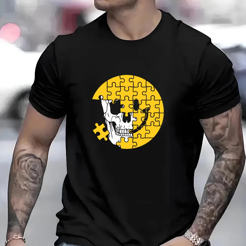 Funny Jigsaw Skull Pattern Men's and Women's T-shirt Classic Retro Designed Unisex Shirt Street Fashion Casual Couple Clothing