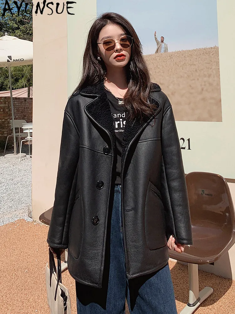 

AYUNSUE Leather&fur Coat Woman Mid-length Outerwears Suit Collar Tops for Woman Black Fur Jacket Casual Woman Clothes Куртка