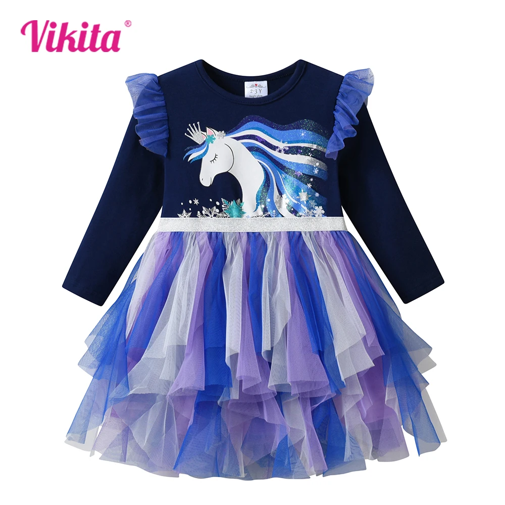 

VIKITA Kids Licorne Print Dress Girls Long Sleeve Autumn Spring Winter Patchwork Dresses Girls Irregular Mesh Tulle Tutu Dresses