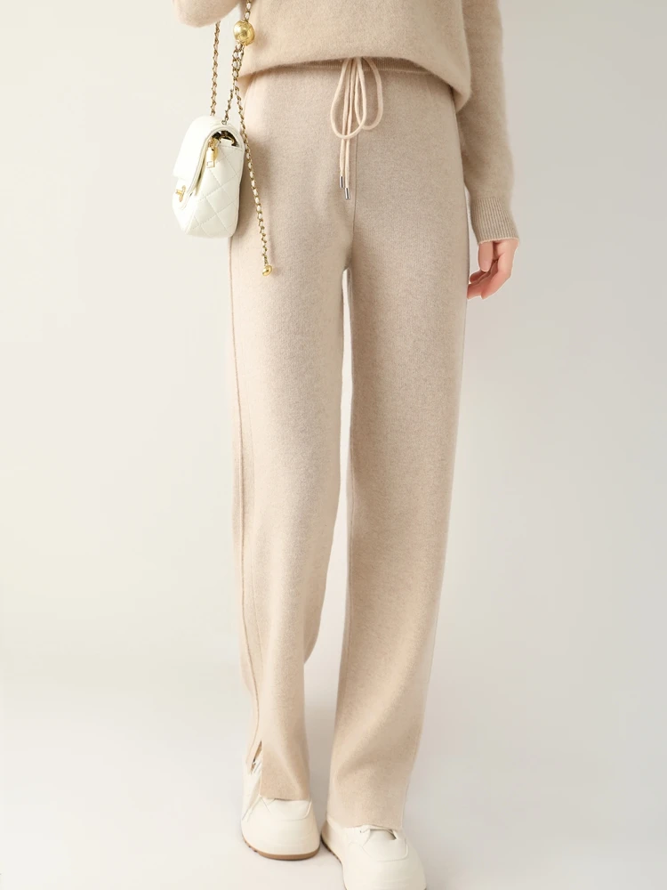 

100% Pure Wool Knitted Straight Leg Pants Women High Waisted Soild Loose Floor Length Casual Trousers Side Seam Vent Narrow