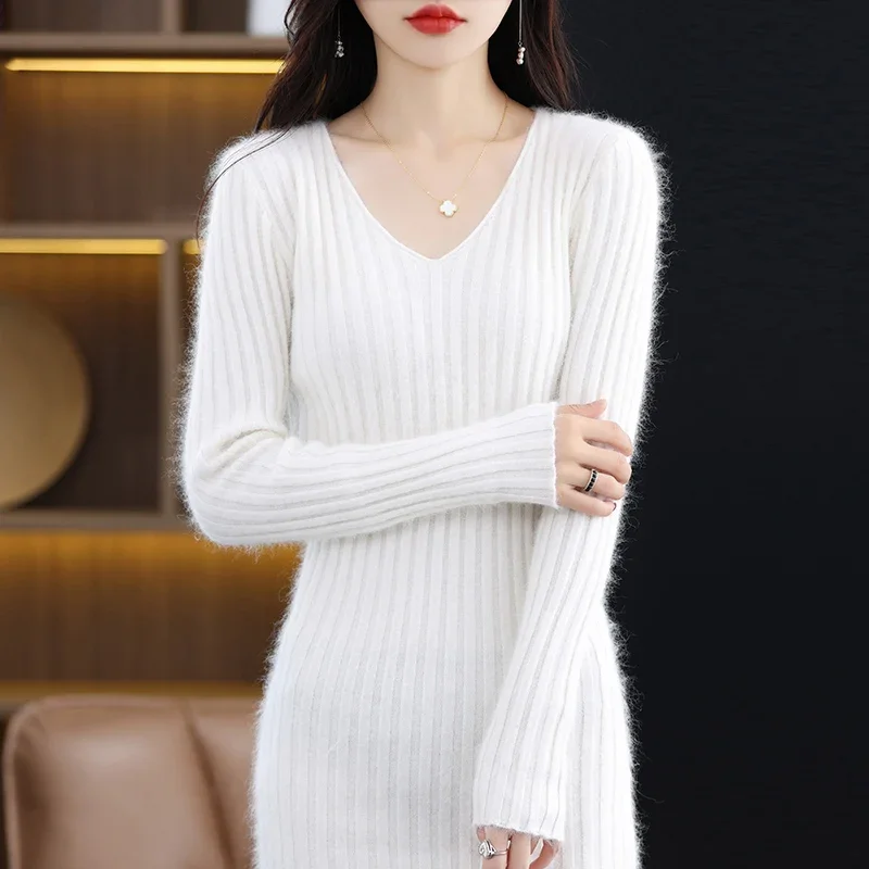 2023 Mink Cashmere Sweater Ladies V-Neck Solid Color Long Knit Skirt Pullover Sweater Autumn And Winter New Bottoming Dress