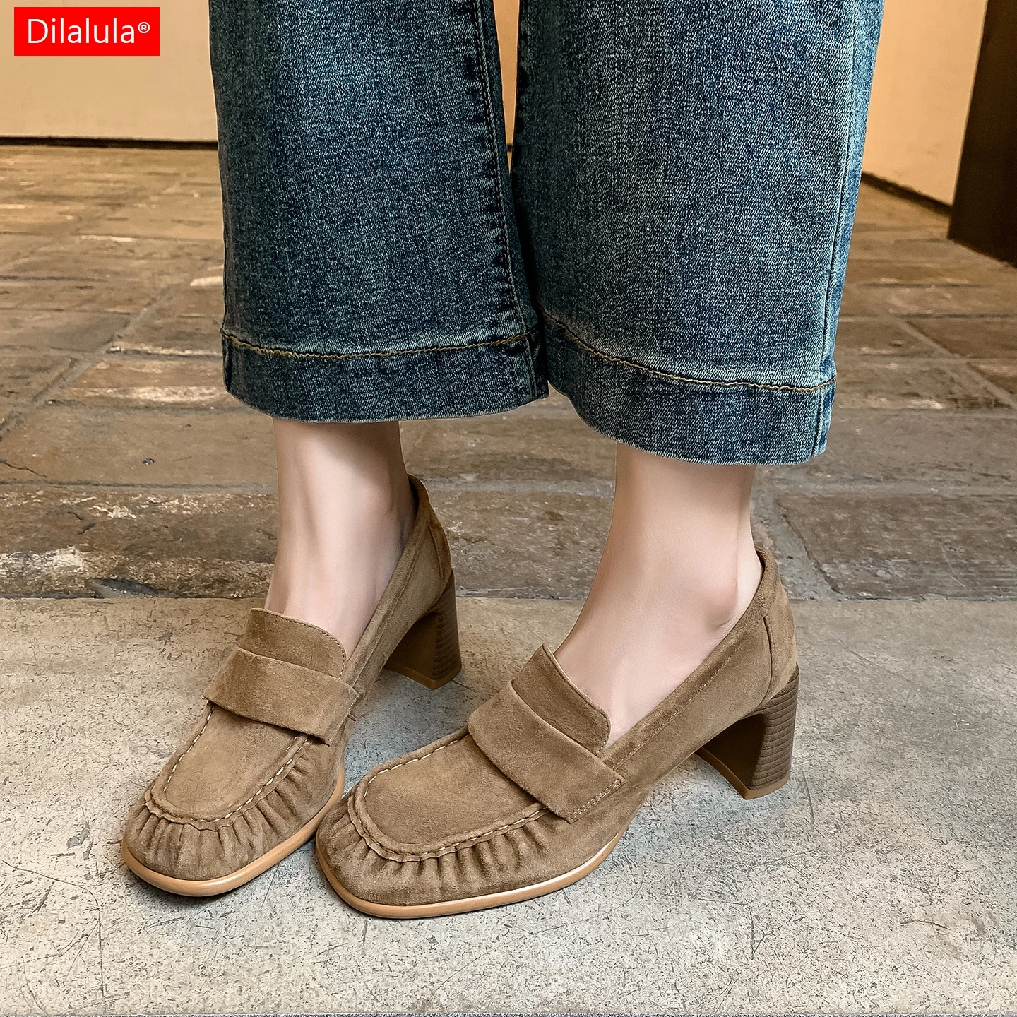 

Dilalula 2026 Natural Cow Suede High Heels Loafers Women Pleated Slip On Footwear For Female Autumn Daily Shoes Real Leather