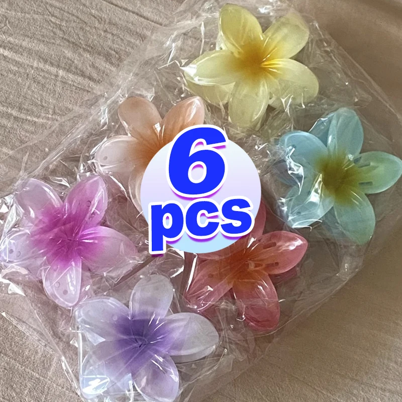 6Pcs Hawaiian Gradient Hair Clips Flower Hair Claws Small Size Fashion Headwear Hairpin Crab Barrette Hair Accessories for Women