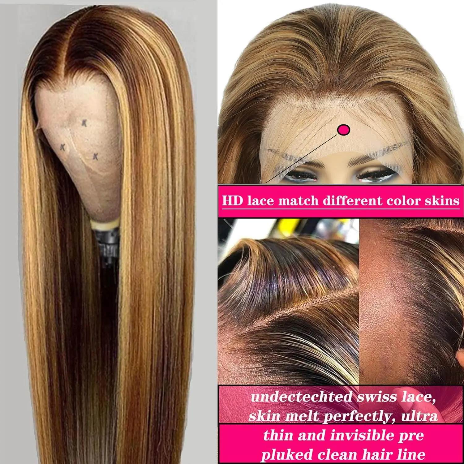 Perruque Lace Front Wig Body Wave Naturelle, Cheveux Humains, 5x5, 16- 32 Pouces, 4/27 Coloré, Blond Miel, Densité 180%, pour Femme