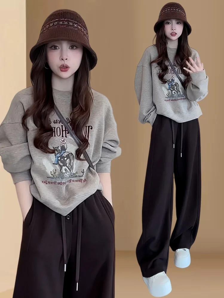 Sweat-shirt et pantalon à jambes larges pour femmes, ensemble deux pièces décontracté et polyvalent, amincissant, nouvelle collection automne hiver, tapis ular...