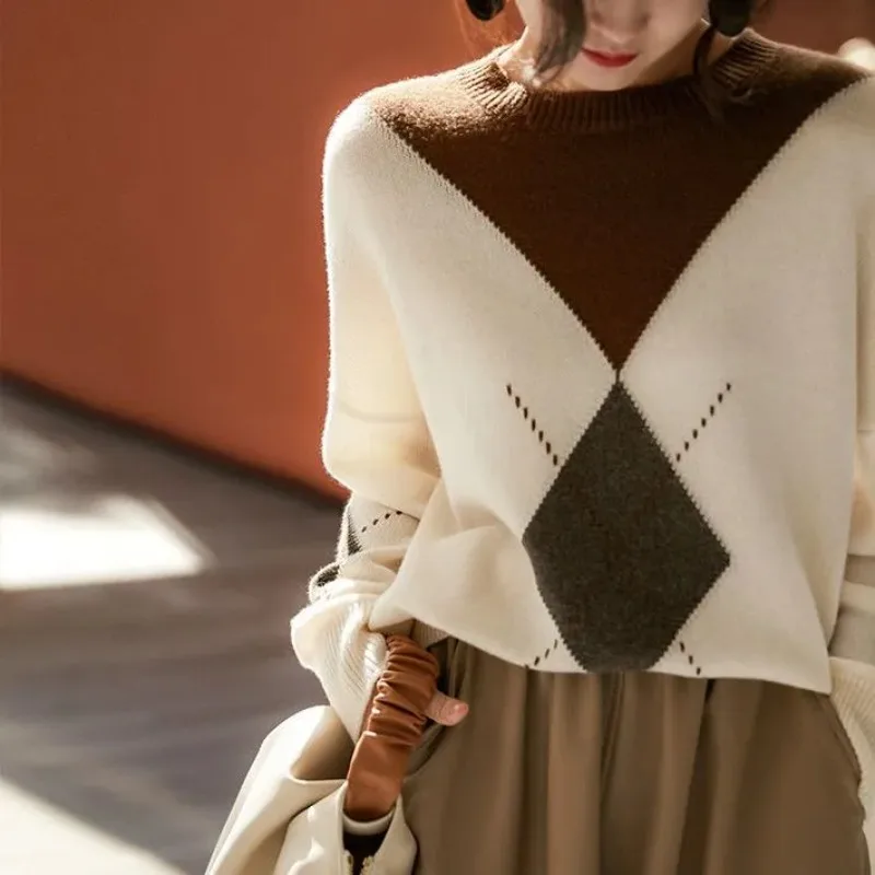 

Women Clothing Spring Autumn Fashion Casual Color Blocking O-neck Knitting Long Sleeve Female All-match Temperament Pullovers To