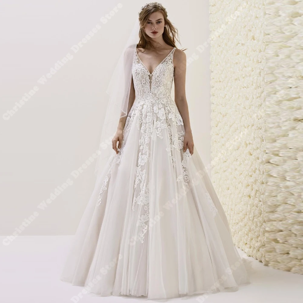 

2025 Sexy V-Neck Wedding Dresses For Women Lace Appliques Bride Robes Mopping Length Banquet Vestidos De Novias Customized 2025