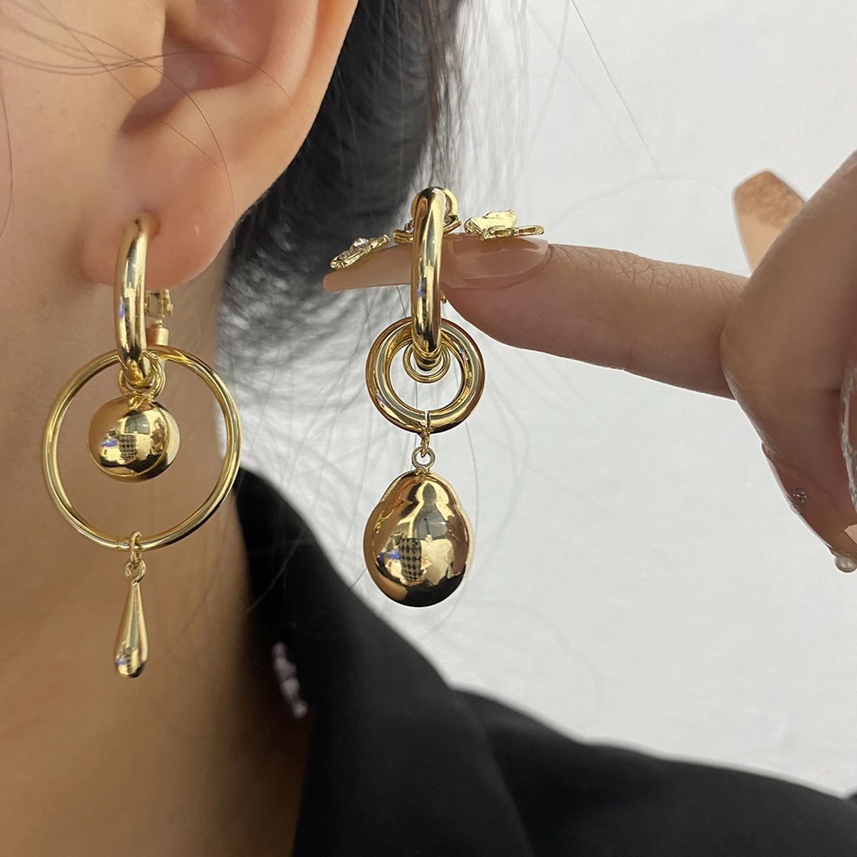 AENSOA Metallic Asymmetry Gold Color Circle Ball Drop Dangle Earrings Bouquet for Women 2023 Fashion Jewelry Holiday Pendientes