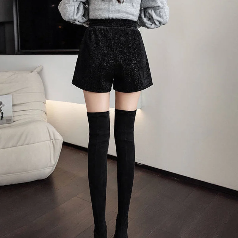 Spring Autumn New Chenille High Waist Loose Shorts Solid Color All-match A-line Wide Leg Pants Fashion Trend Women Clothing