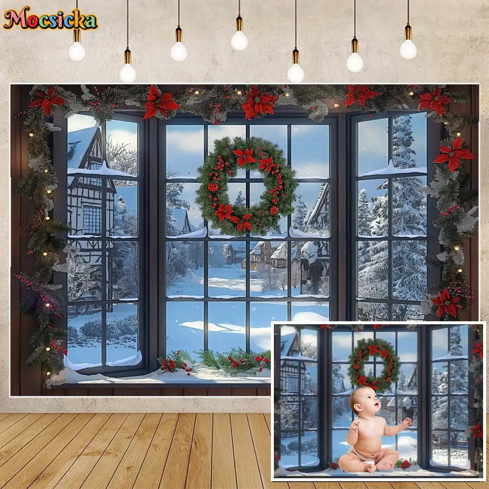 

Mocsicka Christmas Window Photography Background Winter Snow Scene Xmas Wreath Baby Portrait Backdrops Photo Studio Shoot Props