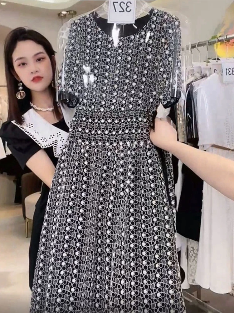 

Летнее винтажное уникальное приталенное платье в черный горошек для женщин, с завышенной талией, для чаепития, в стиле ретро, детская одежда