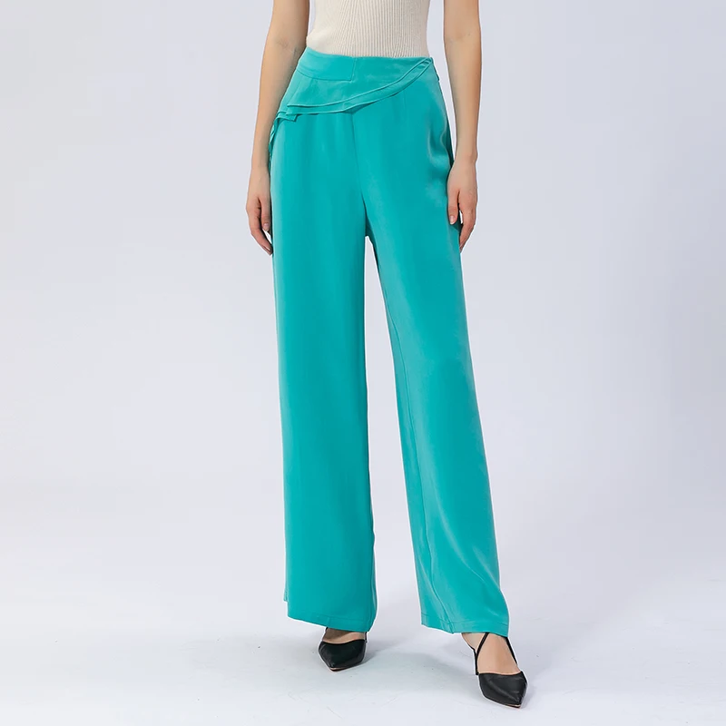 Elegant Asymmetrical Ruffles Silk Trousers Office Ladies Mojito Blue Pant Simple Elastic Waist Wide Leg Woman Pants KE596