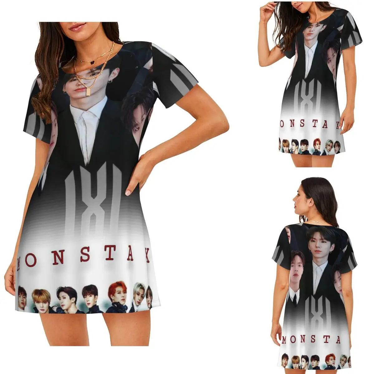 Custom Monsta X Kpop Short Sleeves Nightdress For Sleeping Sleepshirts Women Short Sleeve Nightgowns Loose Pajama Dress