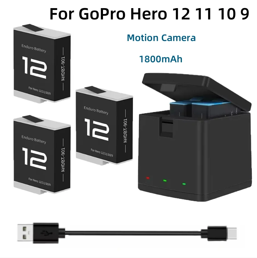Battery For GoPro Hero 12 11 10 9 Motion Camera 1800mAh Rechargeable Battery 3 Slots LED Light Charger Storage Box For GoPro