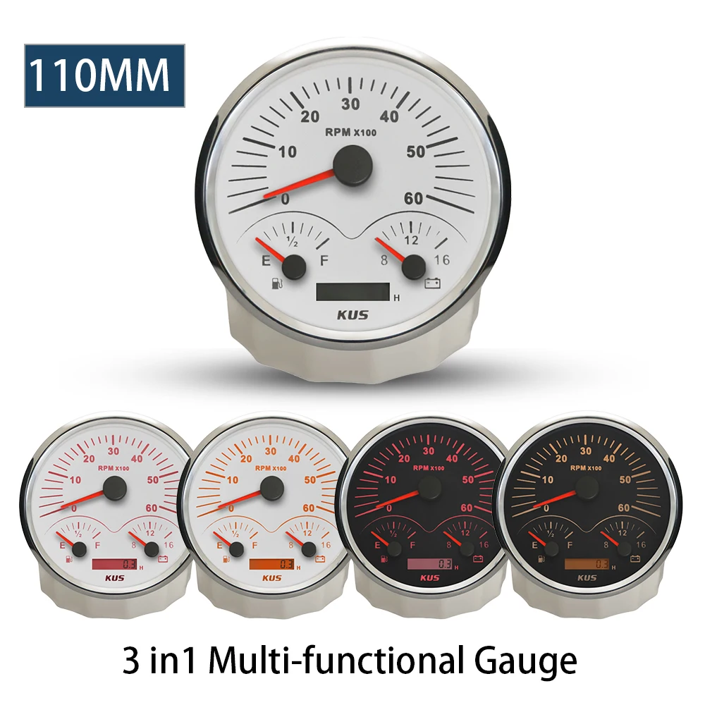 KUS 110mm Multi-functional Tachometer 3 in 1 Meter 4 in 1 Oil Pressure Fuel Level Water Temp 12V Voltmeter with Backlight